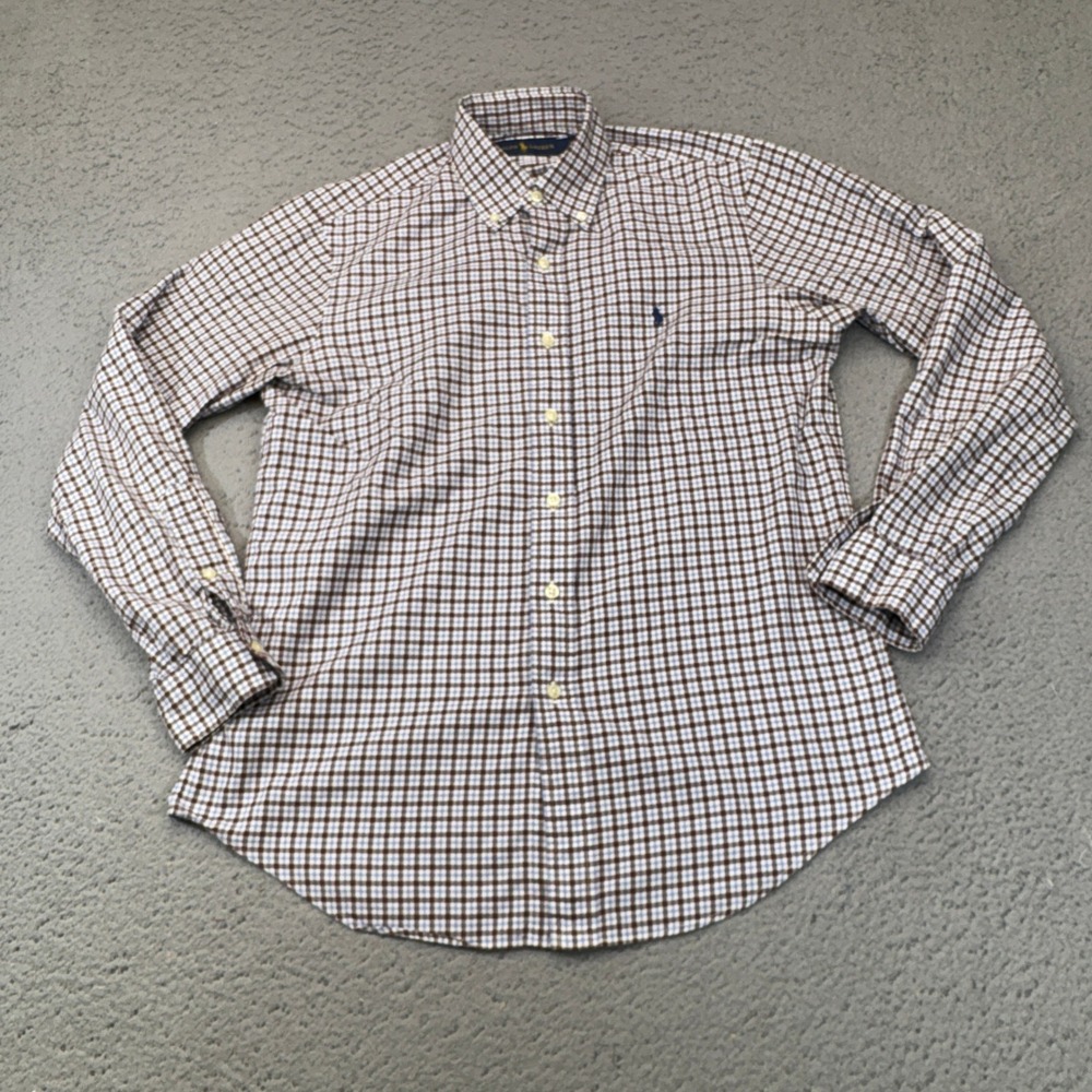 Polo Ralph Lauren Shirt Mens Small Blue Brown Plaid Pony Button Down Casual